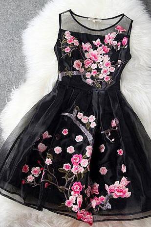 Flower Embroidery Mesh Tank Top Spring Skater Dress