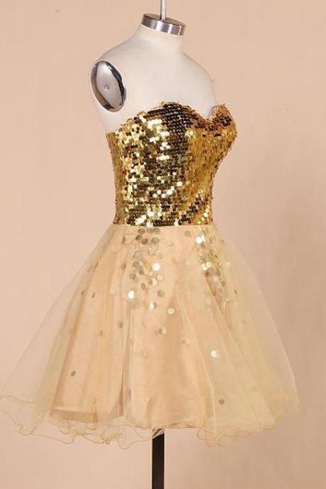 Gold Sequins Sweetheart Short Tulle Formal Dress, Homecoming Dress, Party Dress