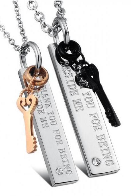 2 Piece Stainless Steel Couple Necklace With Charm Key - For Him And For Her