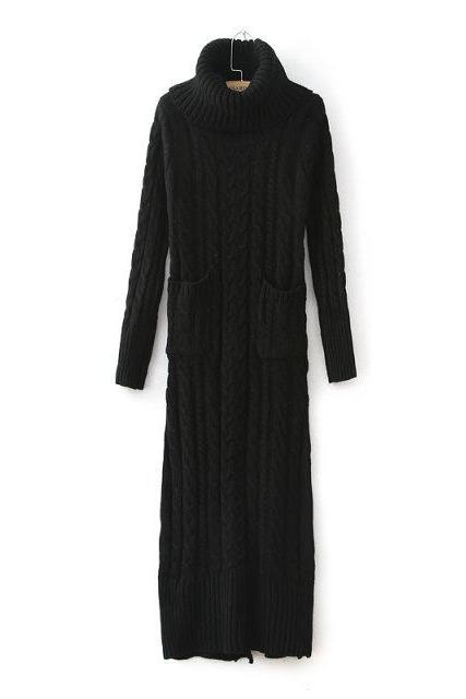 Autumn Winter Women's Vintage High Roll Neck Ribbed Cable Knit Panel Fit Long Sleeve Long Maxi Sweater Jumper Dress