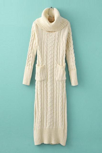 Autumn Winter Women's Vintage High Roll Neck Ribbed Cable Knit Panel Fit Long Sleeve Long Maxi Sweater Jumper Dress