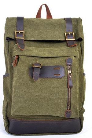 Army Green Canva Backpacks Canvas-Leather Backpacks School Backpack