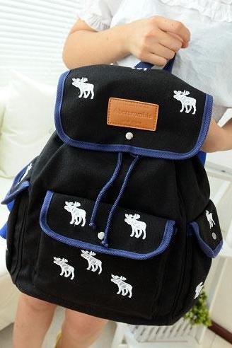 Cute Leisure White Deer Mixing Color Canvas Backpack - Black