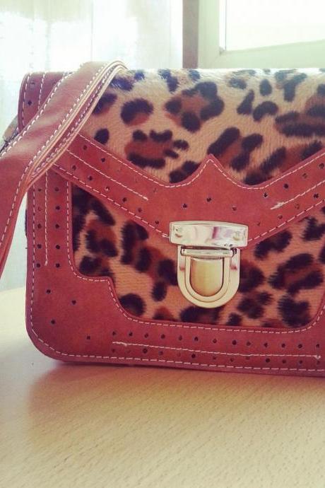 Mini Satchel Bag In Light Brown And Leopard Textile Detail