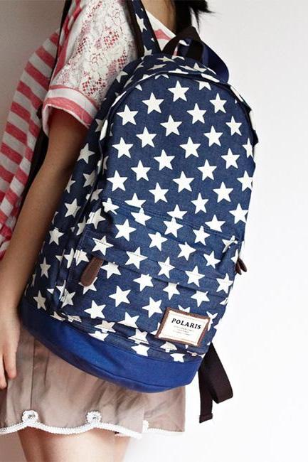 Sweet European Style Star Print Denim Backpack - Dark Blue