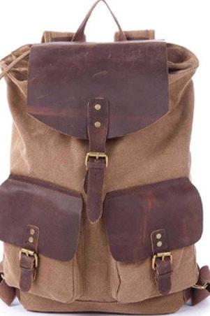 Handmade Leather Canvas Backpacks Khaki Canvas Backpacks Student Canvas Backpack Leisure Packsacks