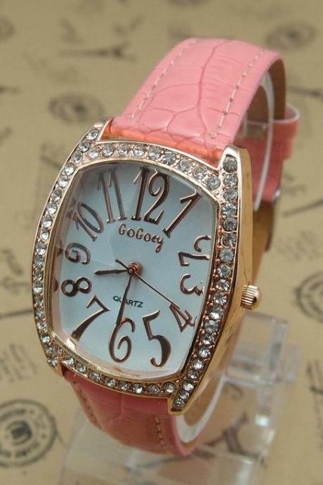 Rectangle rhinestones leather strap woman watch