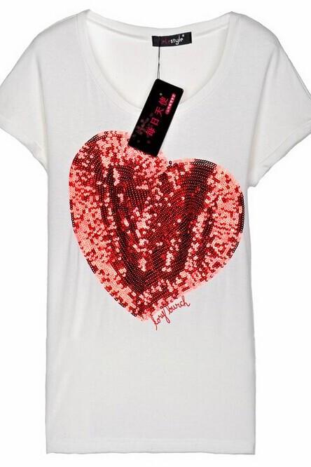 White Basic Tee Featuring Red Sequinned Heart And Scoop Neckline