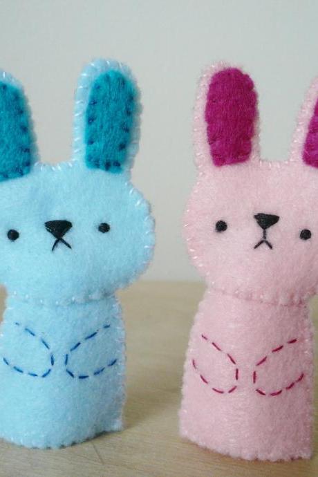 Handmade Finger Puppets - Pink Bunny And Blue Bunny