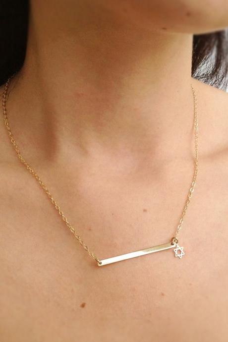 Gold Necklace- Bar Necklace - Gold Bar Necklace - Gold Filled Necklace- Star Of David Necklace - B004