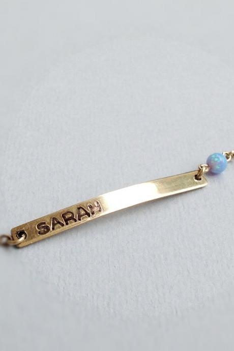 Gold bracelet - initial bracelet -personalized bracelet - gold bar bracelet and opal bead - custom bar bracelet - gold filled bracelet B006