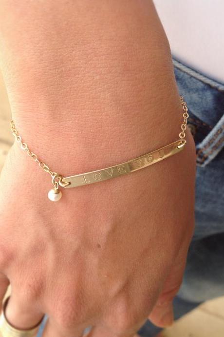 Bar bracelet, nameplate bracelet, personalized bar bracelet, gold bar bracelet and pearl, custom bar bracelet, gold filled bracelet B007