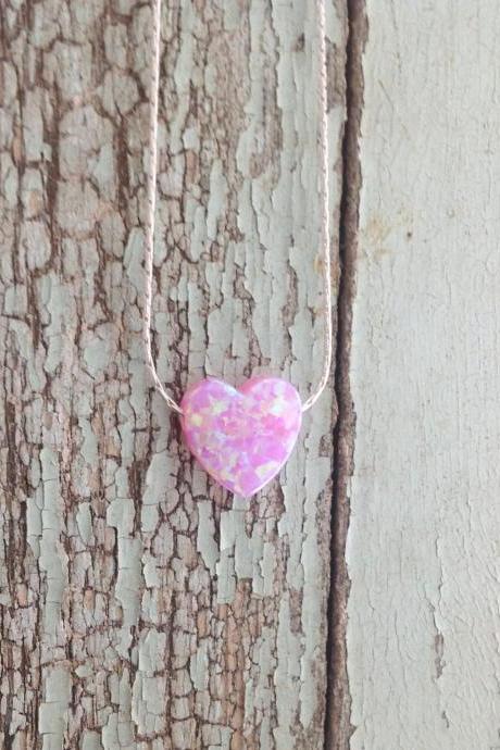 gold necklace, pink heart necklace, opal heart necklace, silver necklace, opal necklace, pink opal, glistening opal - 009.1