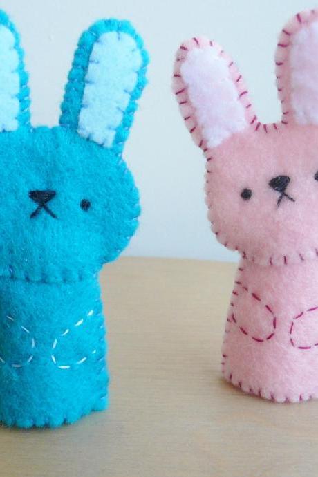 Handmade Finger Puppets - Pink bunny and blue bunny
