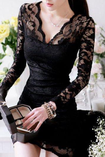 Sexy V Neck Black Lace Dress