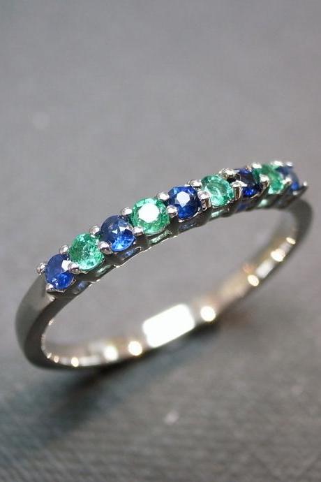 Blue Sapphire and Emerald Wedding Ring in 14 White Gold