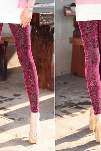 Velvet Leggings Pants Tights Hollow Out Print Tights