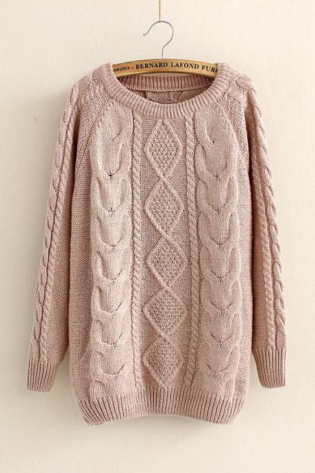 Casual Cabled Pullover Sweaters Fleece In Khaki