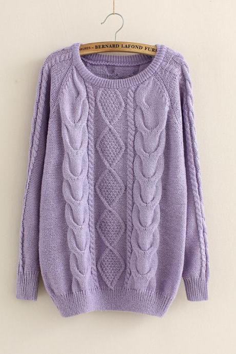 Casual Cabled Pullover Sweaters Fleece In Purple