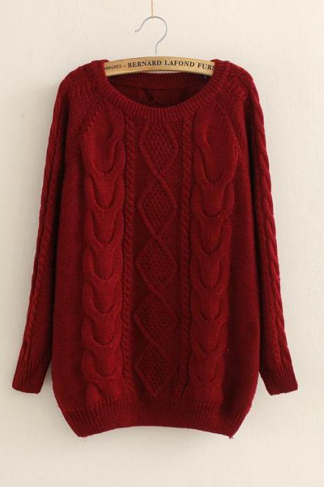 Casual Cabled Pullover Sweaters Fleece In Red