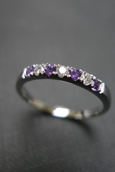 Diamond Wedding Ring with Amethyst in 14K White Gold 