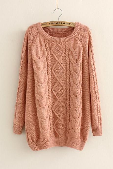 Casual Cabled Pullover Sweaters Fleece In Pink