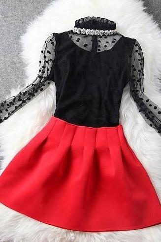 Nail Bead Coat + Red Skirt Two-Piece 