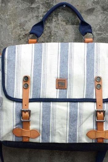 Navy Striped Print Canvas Messenger Bag for Men and Women