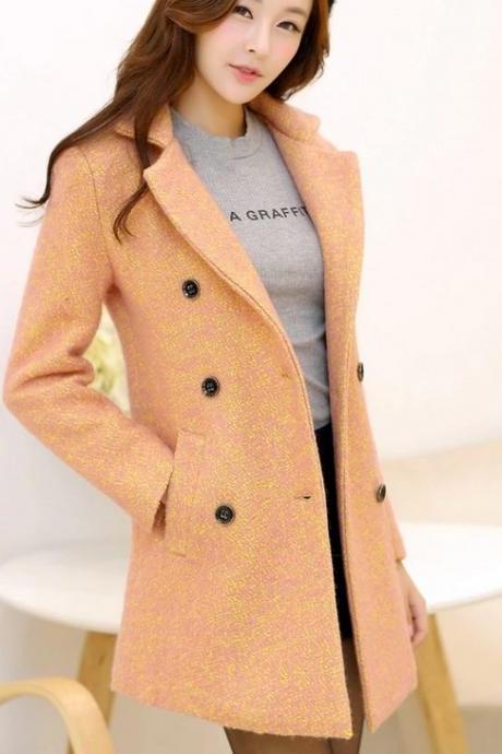 Turn-Down Collar Long Sleeve Double Breasted Casual Women Coat For Autumn&Winter Coat Outerwear