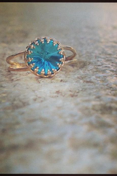 Stacking ring, Gold ring, light blue, gold stack ring, gold filled ring, blue Swarovski opal gemstone, stackable ring,1 gold and blue B5