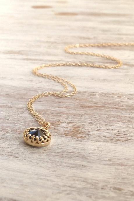 Gold Necklace, Gold And Black Necklace, Black Swarovski, Delicate Gold Necklace, 1black Pendant A540