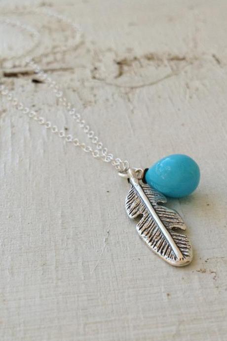 Feather necklace, silver feather , silver feather necklace, tribal necklace, everyday necklace, silver and blue - D6