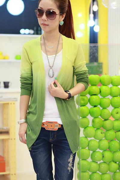 Fashion Long Sleeve s Grandualy Changing Colors Red Knitting Cardigan - Green