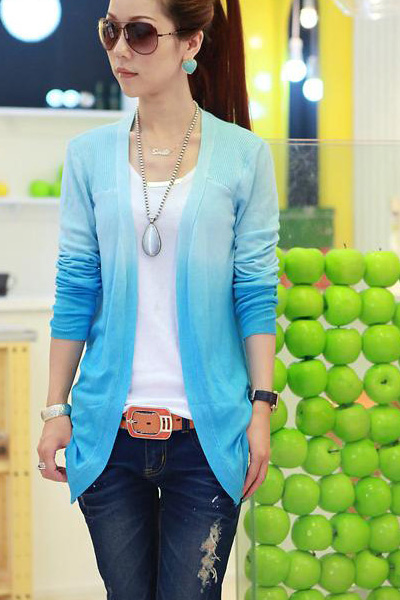 Blue Ombre Knitted Open Front Long Cardigan