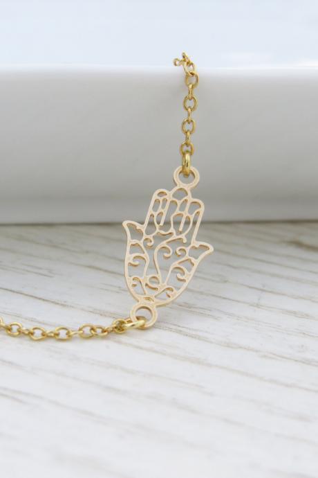 Gold hand necklace - Dainty gold necklace, Delicate hamsa necklace, Simple necklace, Gold pendant, Gold filigree, Evil eye necklace