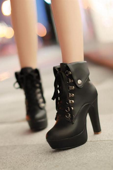 Black Smooth Leather Lace-up Chunky High Heel Ankle Boots