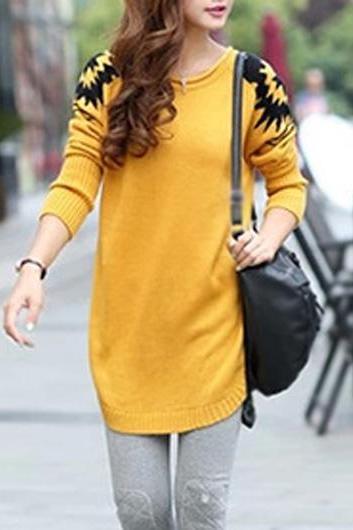 New Style Round Neck Long Sleeve Sweater Pullover - Yellow