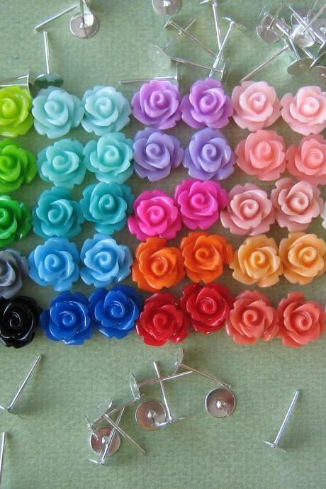 104 Pieces - Mini Rose Flower Cabochon &amp;amp;amp; Earring Post Diy Kit - 10mm - Mixed Sampler Pack - Cabochons By Zardenia