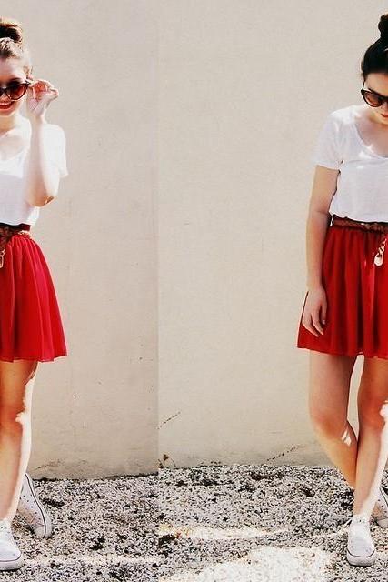 Red Lady Retro High Waist Pleated Double Layer Chiffon Short Mini Skirts Dress