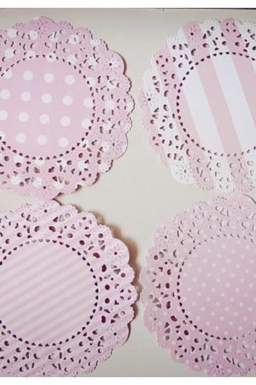 4 Parisian Lace Doily pink polka dot & stripe / pack 