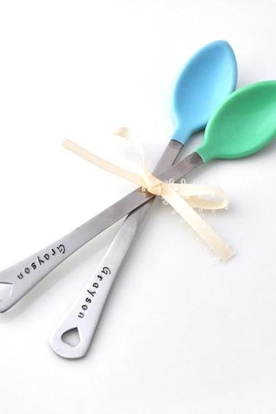 Personalized Baby Spoon Set Of Two(2) Baby Shower Gift, Mom, Baby Feeding Baby Boy Blue Set, Baby Name By Zadoo