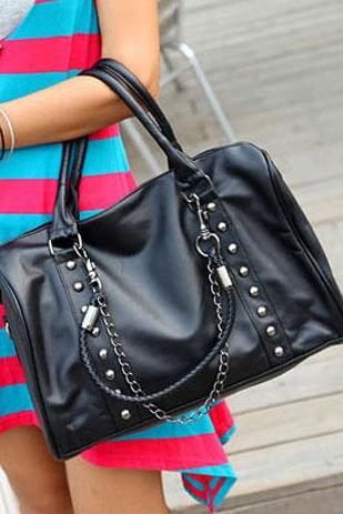 Unisex Black Chain Rivets Purse Handbag Duffle Shoulder Bag