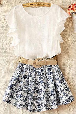 Coconut Tree Print Skirt Stretchy Waist Falbala Sleeve Dress