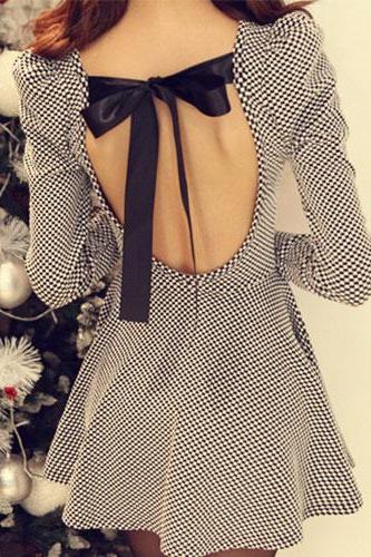 Sexy Sweet Back Cutout Bowknot Plaid Dress