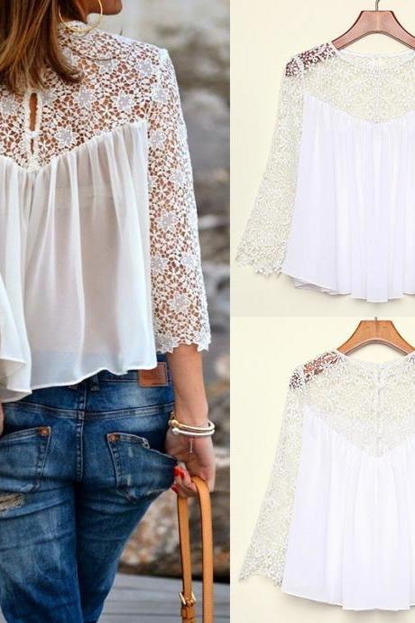 Spring Summer Women Blouses Fashion Casual Lace Shirts Chiffon Blouses White Lace Tops
