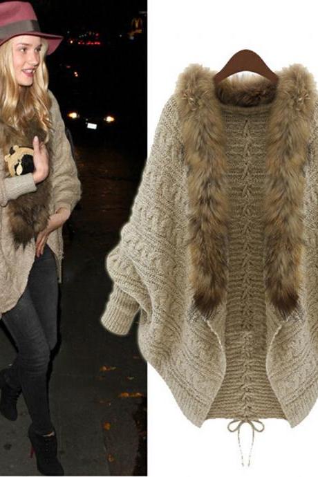 Winter Women Loose Fur Collar Sweater Batwing Sleeve Knit Cardigan Jacket Coat
