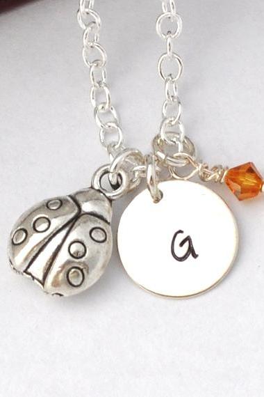 Initial Necklace Silver ladybug Charm Personalized Initial Necklace cute 3D lady bug monogram jewelry