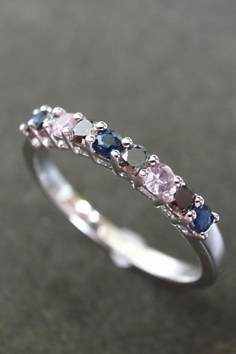 Black Diamond And Blue Sapphire And Pink Sapphire Ring In 14k White Gold