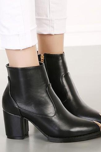 Black Leather Pointed Toe Ankle Boots Featuring Metal Embellishment 