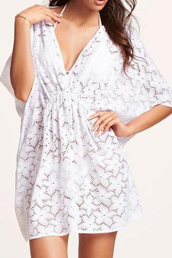 Sexy White Half Sleeve V Neck Dress For Woman